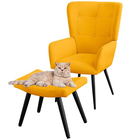 Fotel uszak z podnóżkiem do salonu wypoczynkowy welurowy tapicerowany musztardowy