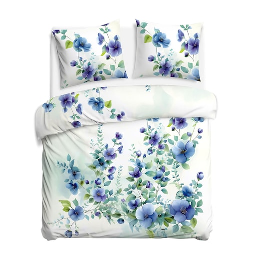 Pościel satyna bawełniana Azurea biała w niebieskie kwiaty, Satynlove Premium