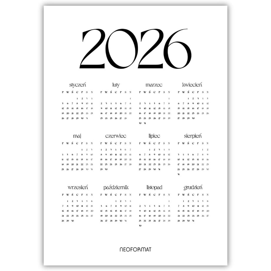 plakat kalendarz 2026 biały 50x70
