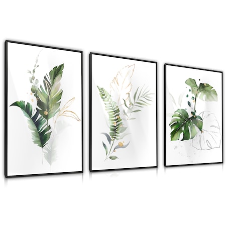 ZESTAW 3X PLAKAT W RAMIE DO SALONU AKWARELE TROPIKALNE LIŚCIE NATURA 60x80cm