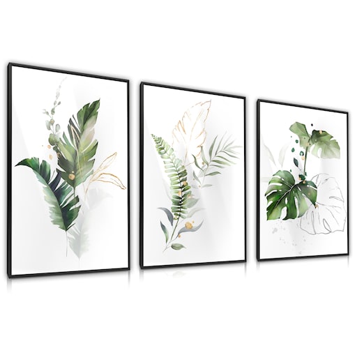 ZESTAW 3X PLAKAT W RAMIE DO SALONU AKWARELE TROPIKALNE LIŚCIE NATURA 60x80cm