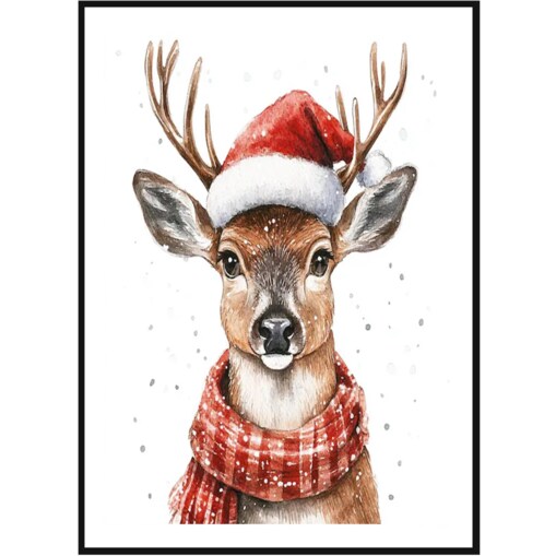 Poster Story, Plakat, Obraz - Świąteczny Jelonek w Szaliku i Czapce Mikołaja, wymiary 70 x 100 cm