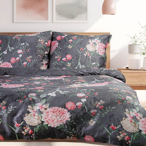 Pościel satyna bawełniana 200x220 Exclusive Alfon Grey szara w różowe kwiaty