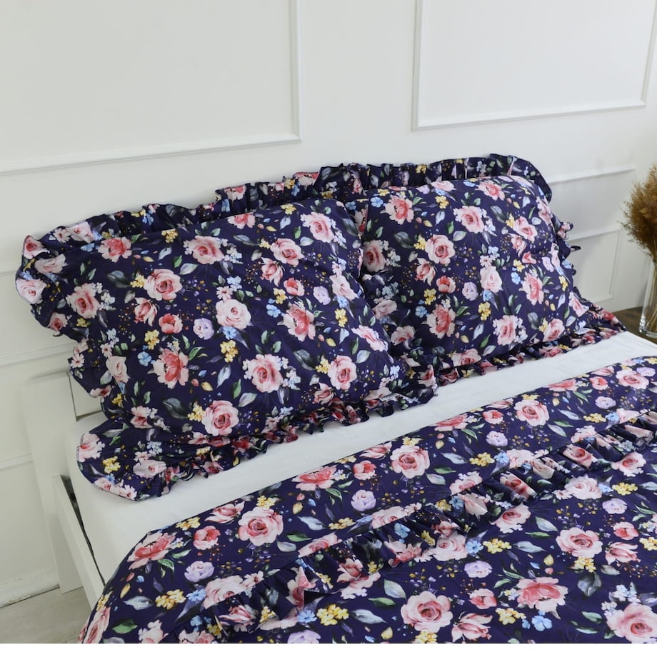 Pościel bawełniana z falbanką boho róże 200/200 + 2x70/80