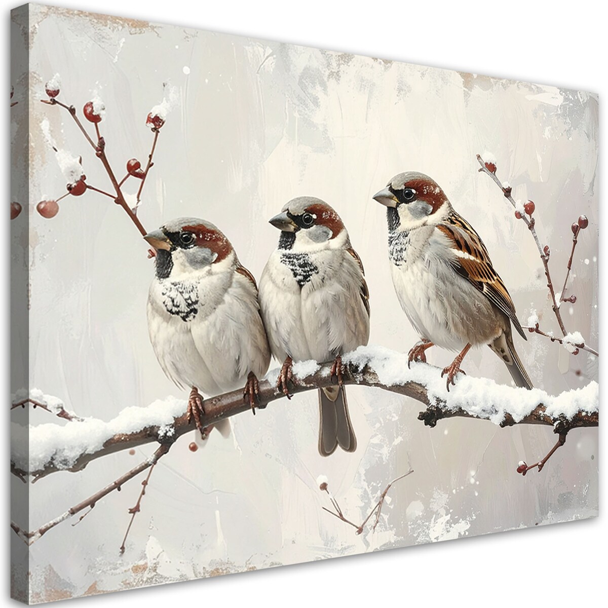 Obraz do salonu sypialni biura, Wróble ptaki siedzące na gałęzi w zimie