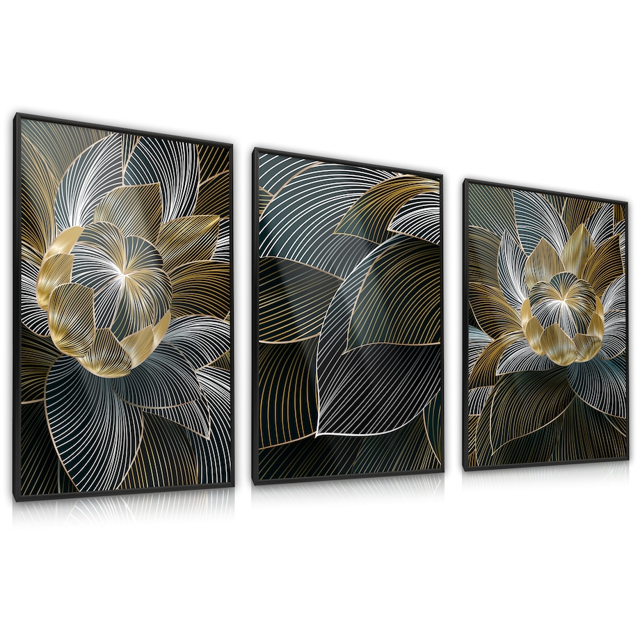 ZESTAW 3X PLAKAT W RAMIE ABSTRAKCJA KWIATY LOTOSU STYL GLAMOUR NATURA 30x40cm