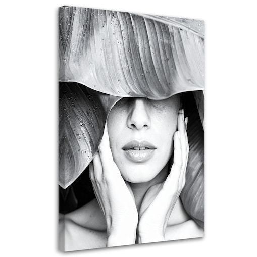 Obraz czarno biały do salonu sypialni, Kobieta i liście na głowie 70x100 cm