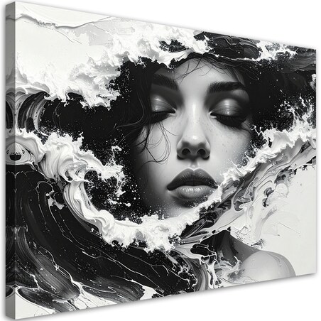 Obraz do salonu, Portret kobiecy czarno biały w stylu artystycznym fale morskie 30x20 cm