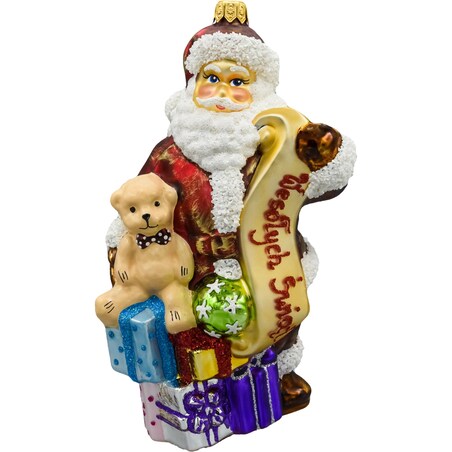 Bombka choinkowa: Święty Mikołaj z listą prezentów i prezentami: bordowy