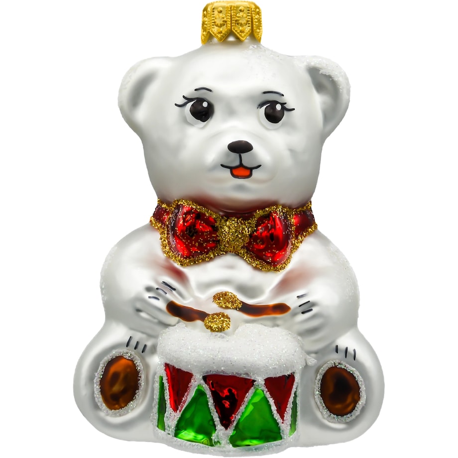 Bombka choinkowa: Miś z bębnem: srebrny