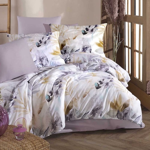 Pościel satyna bawełniana 160x200 Luxury Elaris, biała w liście i kwiaty, Darymex