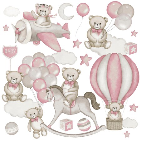 Naklejki Na Ścianę Misie Różowe Balony Koń Na Biegunach Chmury Zestaw 60x30cm