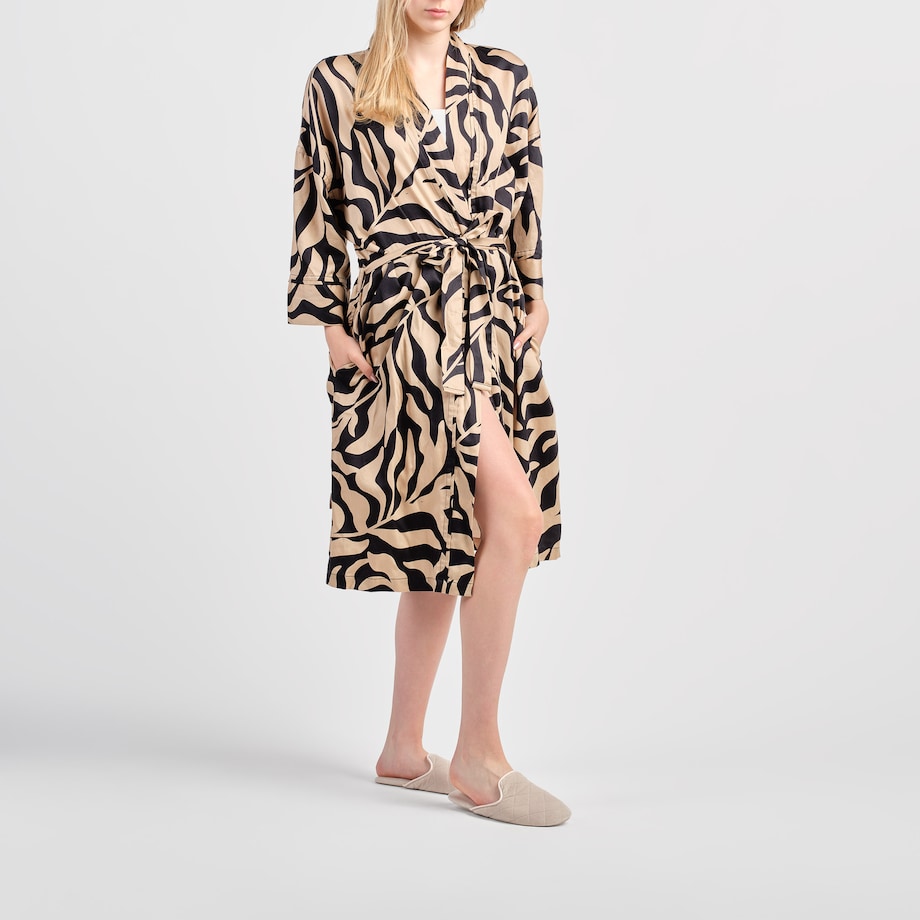 Szlafrok z bawełny satynowej Kamea z motywem liściastym