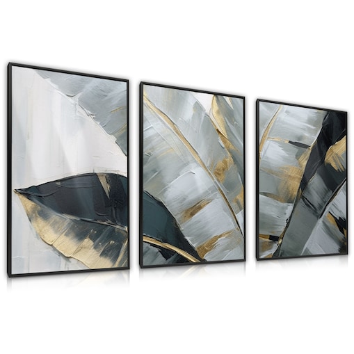 ZESTAW 3X PLAKAT W RAMIE DO SALONU MALOWANE LIŚCIE TROPIKALNE NATURA 60x80cm