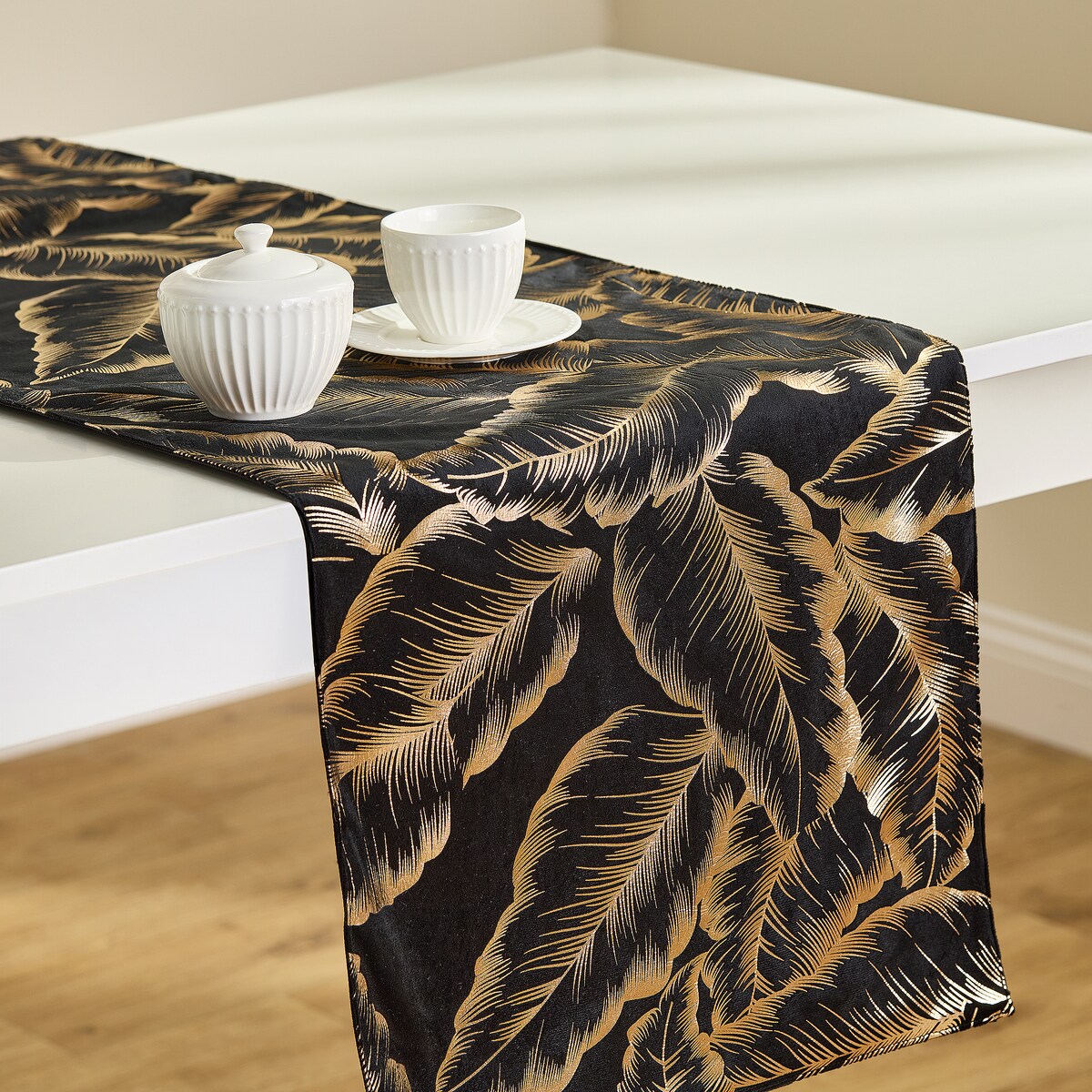 Bieżnik Welwetowy Foglare 40x180 cm z motywem liściastym