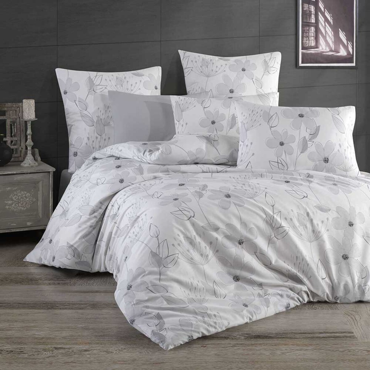 Pościel bawełniana Larissa biała w szare kwiaty, Cottonlove Exclusive, Darymex