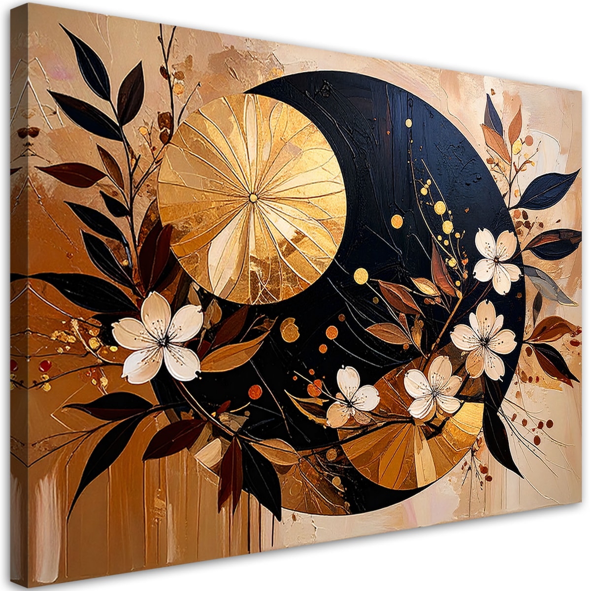 Feeby Obraz nowoczesny, Abstrakcja Koła Liście Kwiaty Złoty Brązowy 100x70