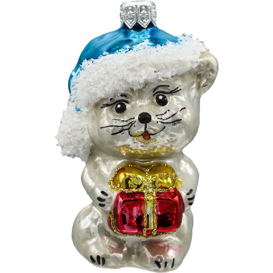 Bombka choinkowa: Kotek w Świątecznej niebieskiej czapce z prezentem