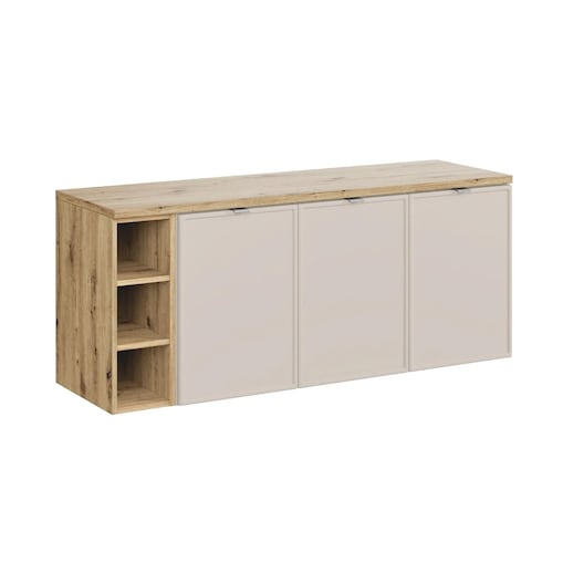 Szafka pod umywalkę nablatową BELLA CASHMERE 120cm kaszmir/dąb artisan - zestaw 140 cm z regałem i blatem