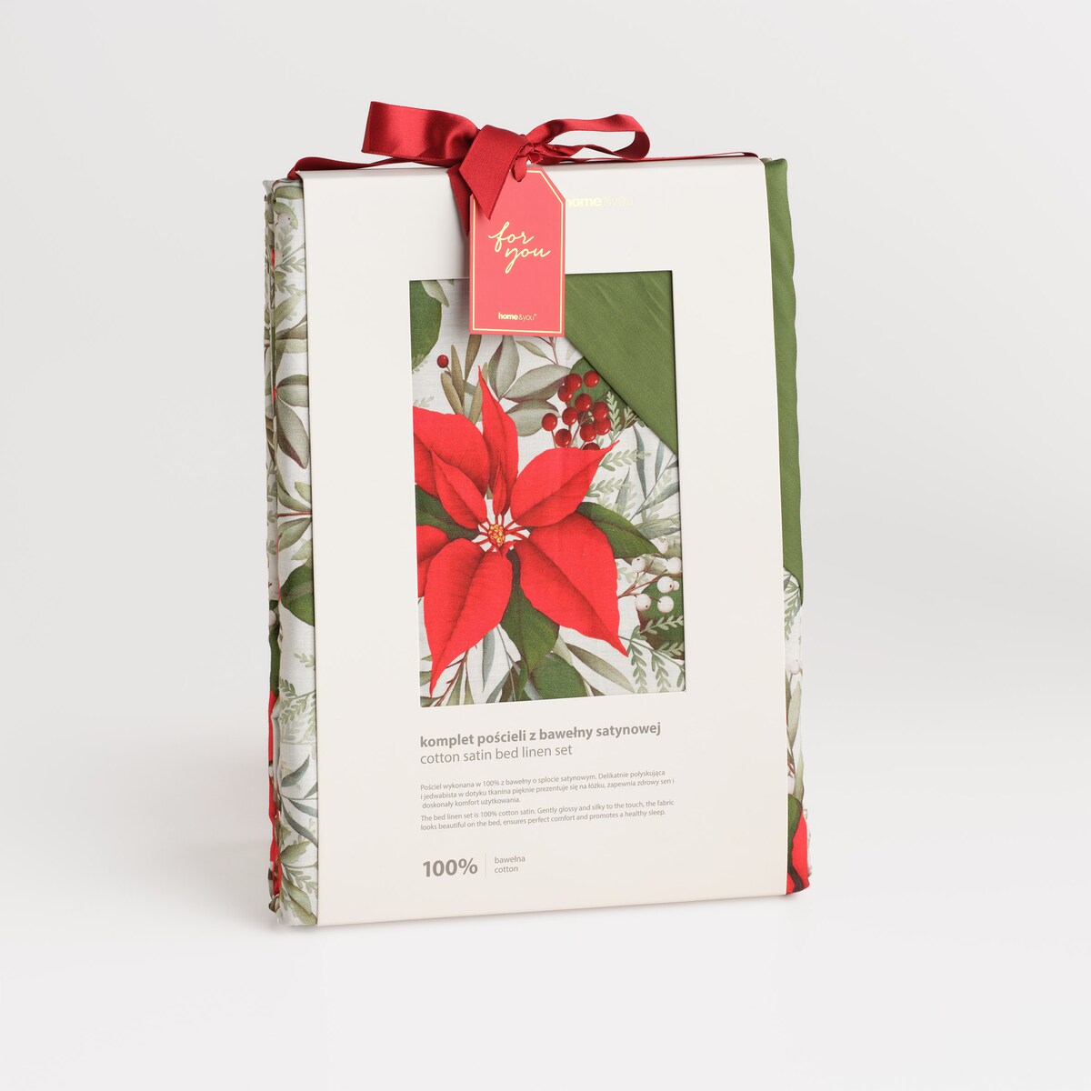 Pościel z bawełny satynowej Poinsetta 200x220 cm z motywem gwiazdy betlejemskiej