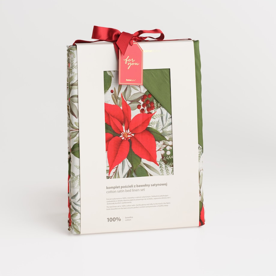 Pościel z bawełny satynowej Poinsetta 200x220 cm z motywem gwiazdy betlejemskiej