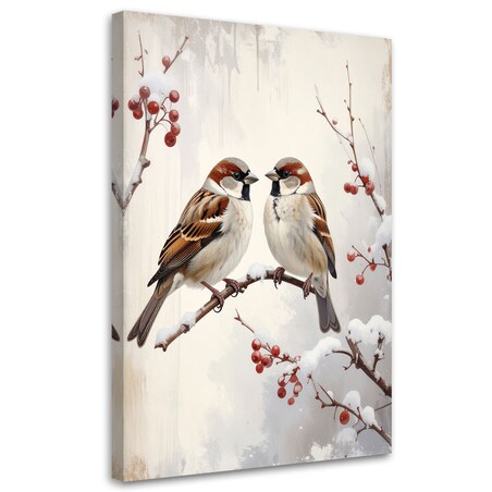 Obraz do salonu kuchni biura, Ptaki siedzące na gałęzi zimą w beżu
