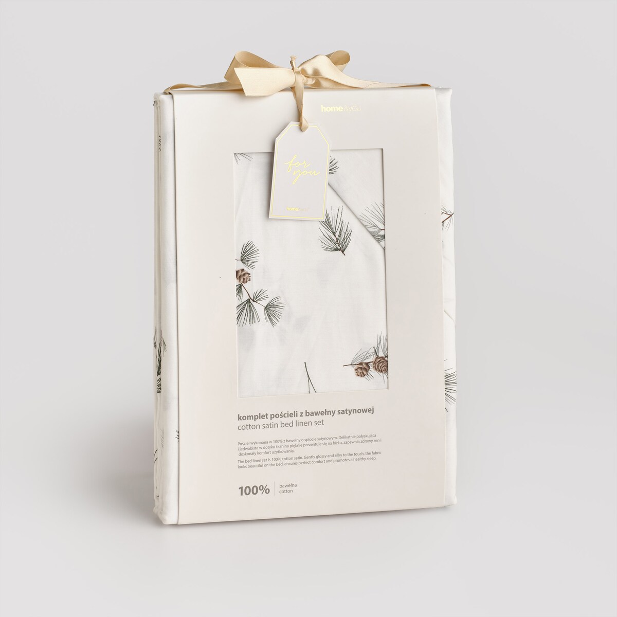 Pościel z bawełny satynowej Grineso 200x220 cm z motywem liściastym i szyszką