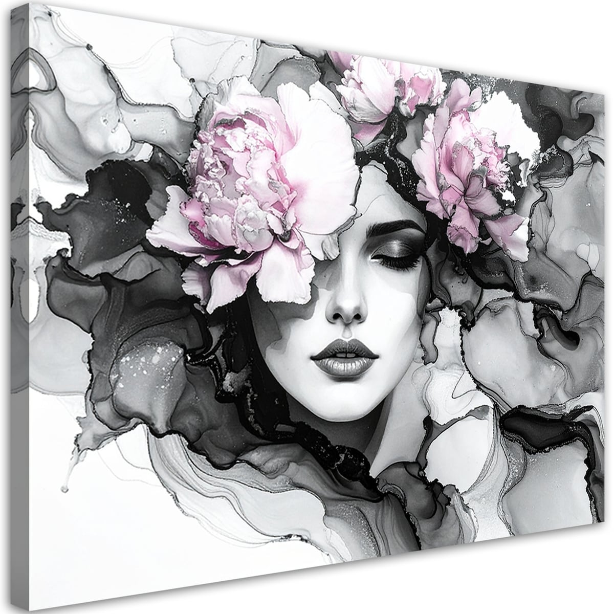 Obraz czarno biały do salonu sypialni, Kobieta z kwiatami na głowie 60x40