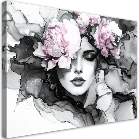 Obraz czarno biały do salonu sypialni, Kobieta z kwiatami na głowie 60x40