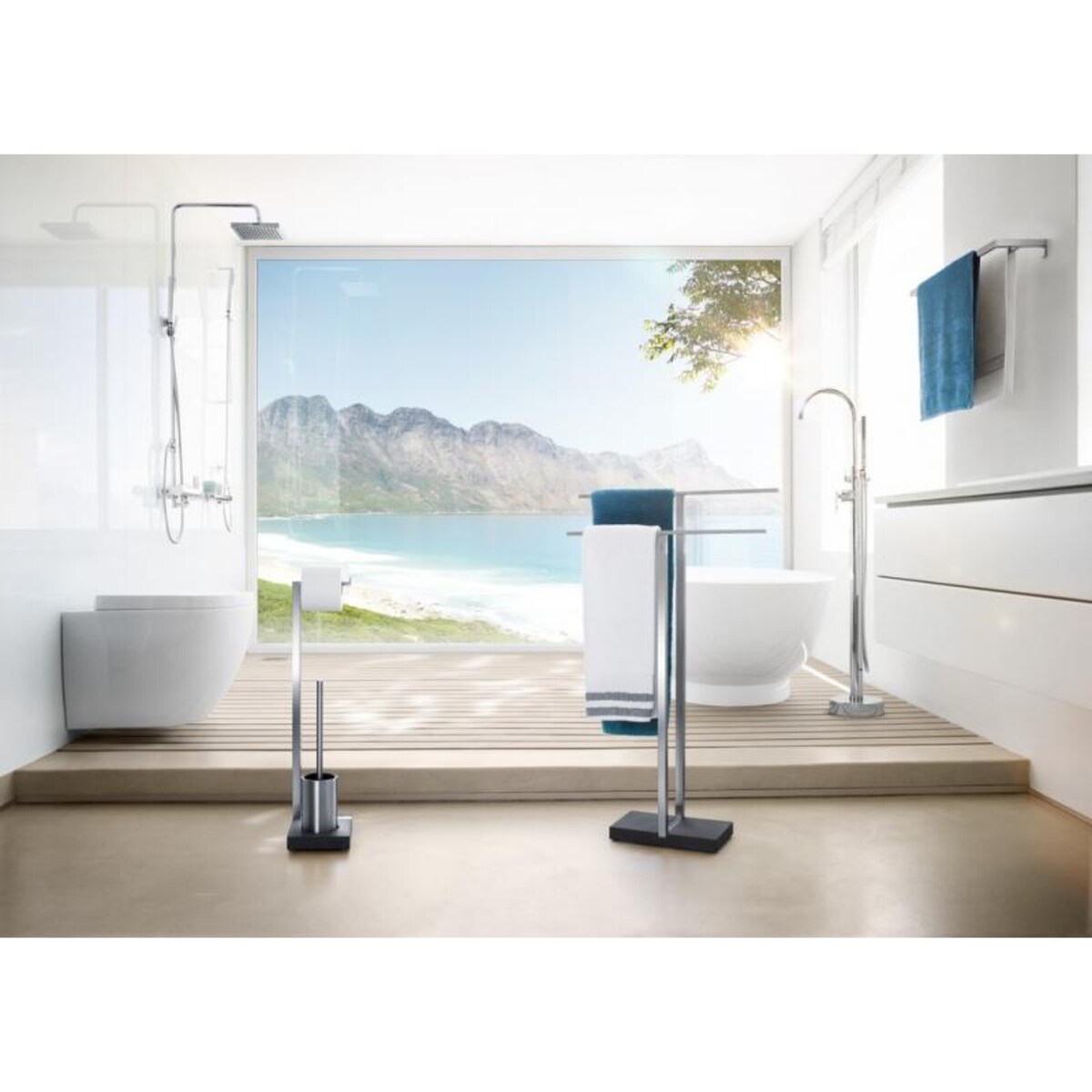 Stojak na papier toaletowy i szczotkę MENOTO - stal matowa, polystone, 64,5x15x20 cm