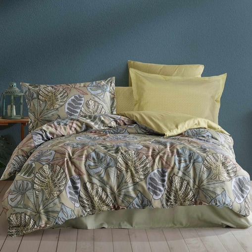 Pościel satyna bawełniana 160x200 Luxury Premium Greta zielona w dekoracyjne liście