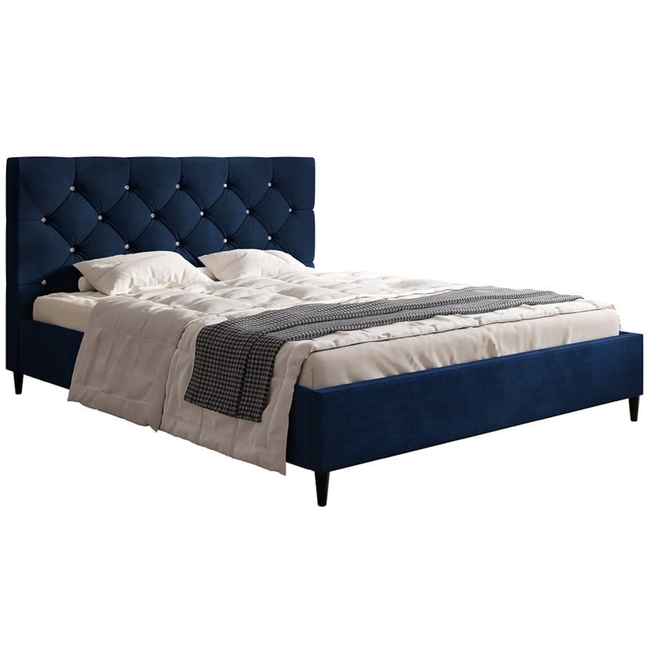 Łóżko tapicerowane 160x200 LUXO 6 do sypialni, ozdobne guziki- granatowe