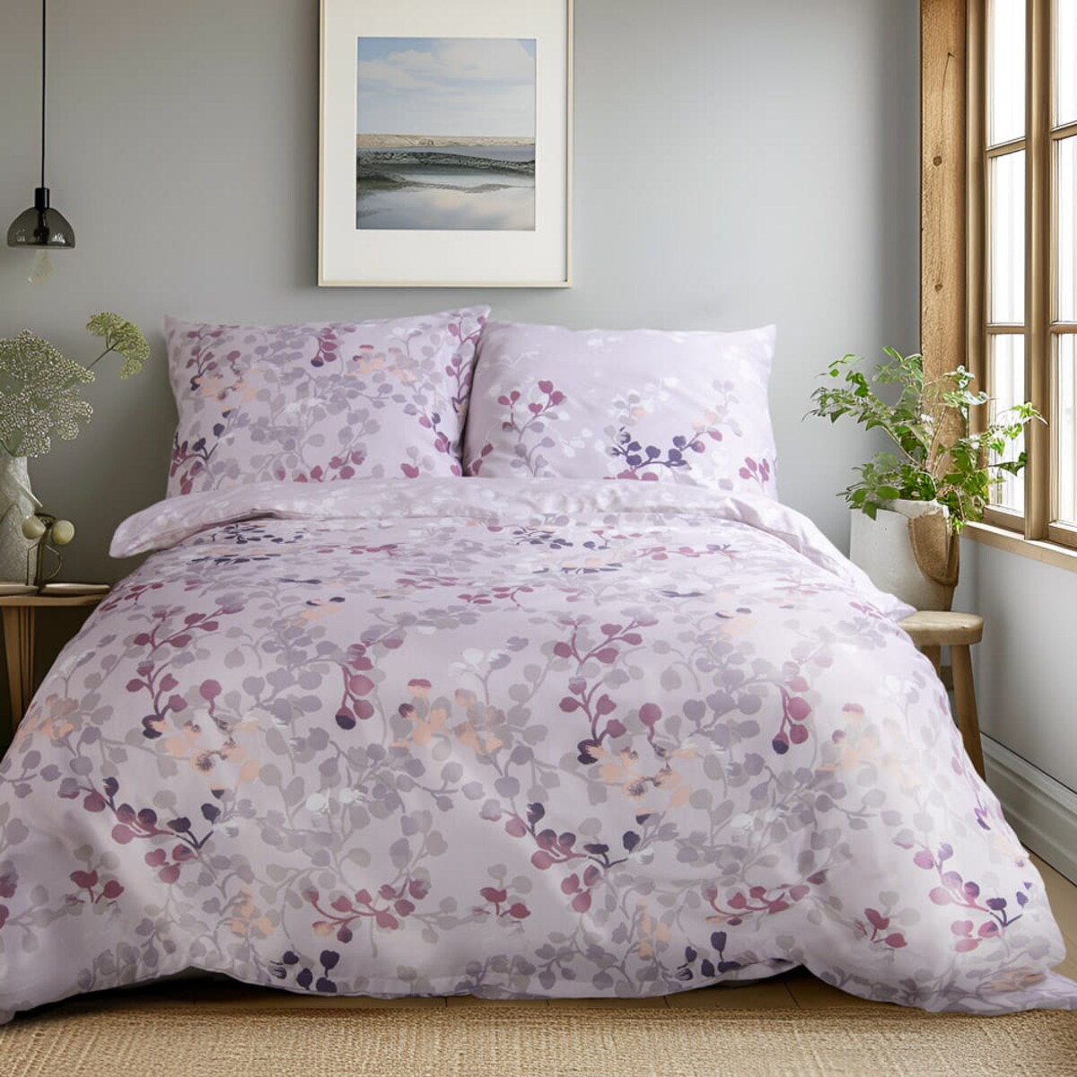 Pościel satyna bawełniana 200x220 Exclusive Bellini jasnofioletowa w roślinny wzór