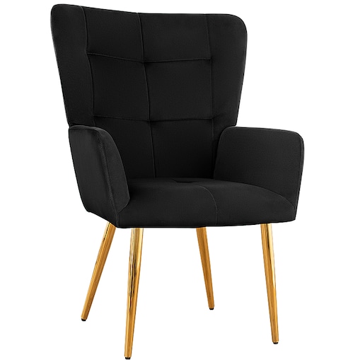Fotel uszak do salonu wypoczynkowy welurowy tapicerowany czarny złote nogi
