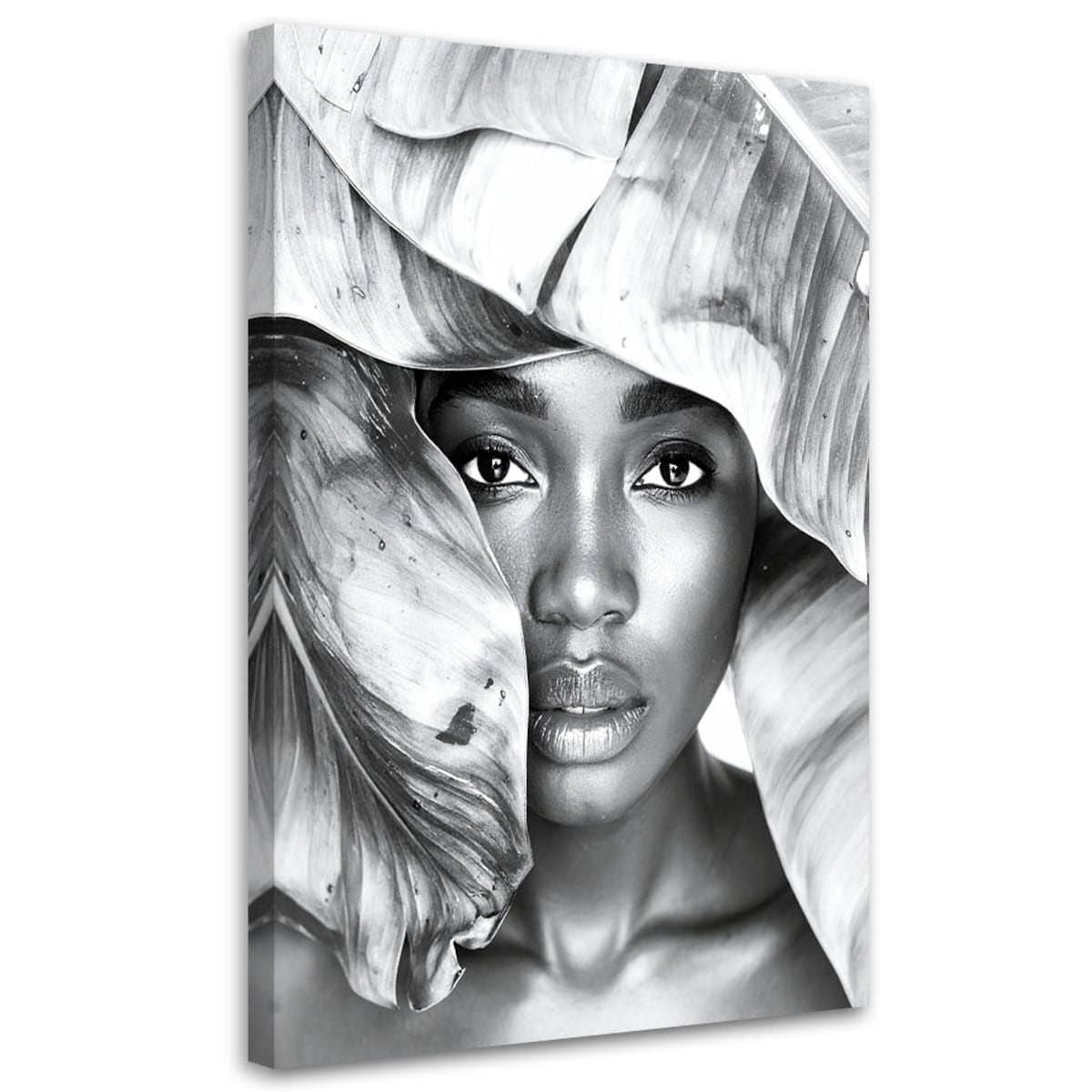 Obraz czarno biały do salonu sypialni, Portret Kobiety i srebrne liście 60x90