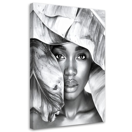 Obraz czarno biały do salonu sypialni, Portret Kobiety i srebrne liście 60x90