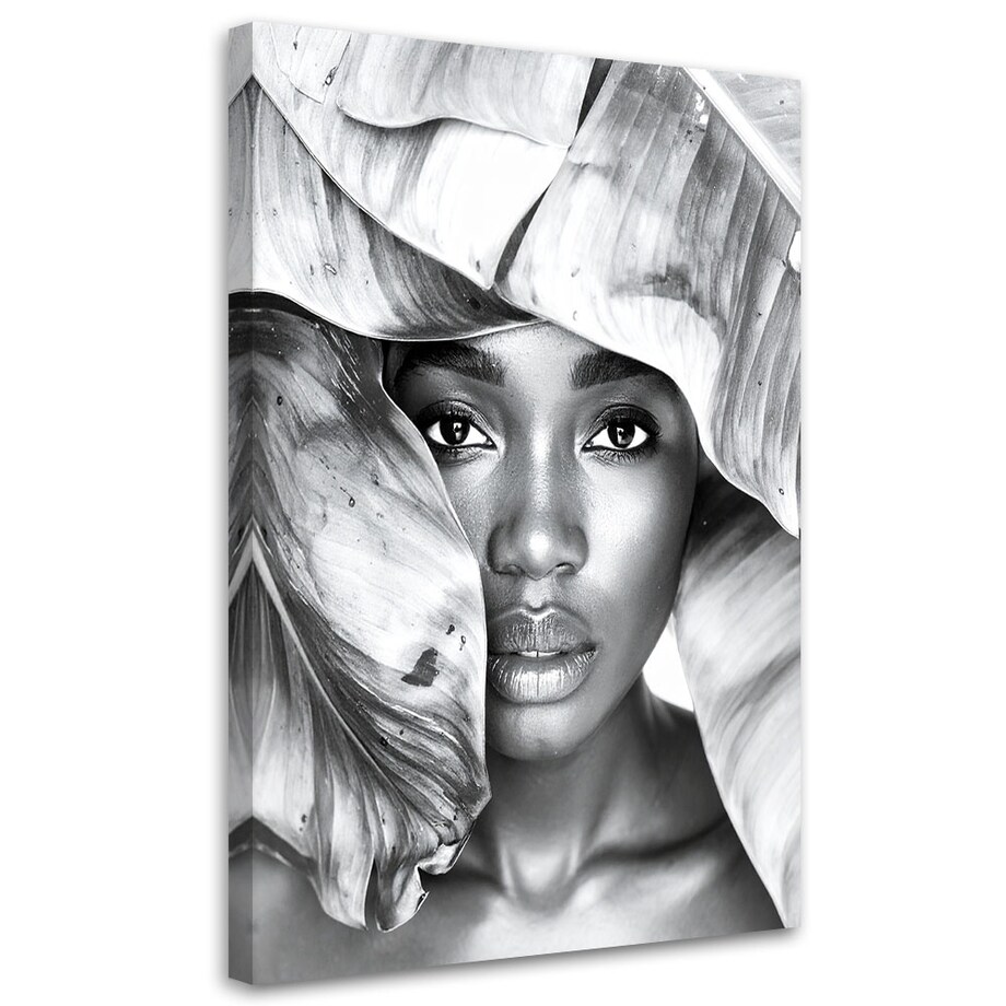 Obraz czarno biały do salonu sypialni, Portret Kobiety i srebrne liście 60x90