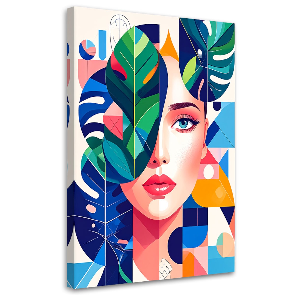 Obraz do salonu sypialni, Kobieta liście monstery w stylu Bauhaus 70x100