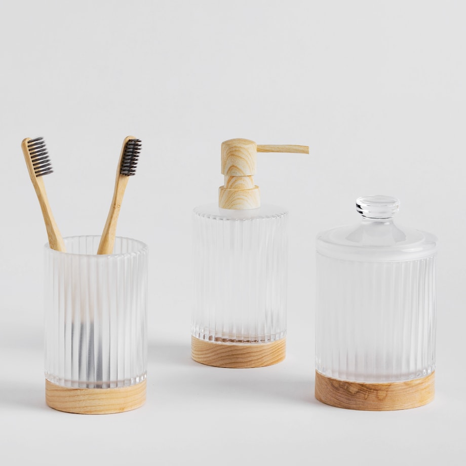 Dozownik Łazienkowy z ryflowanego szkła i drewna Apari