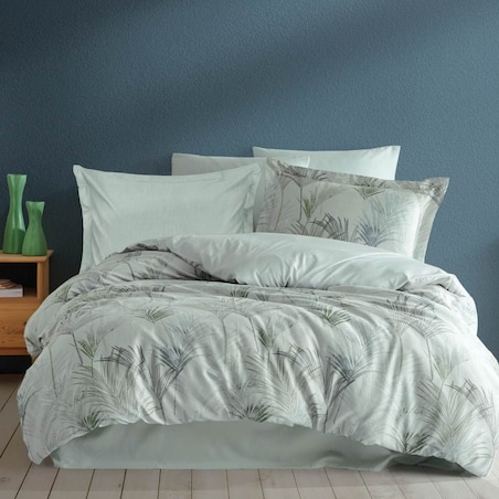 Pościel satyna bawełniana 220x200 Luxury Premium Palmiro zielona w dekoracyjne liście