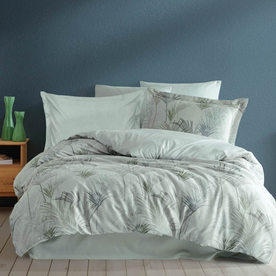 Pościel satyna bawełniana 220x200 Luxury Premium Palmiro zielona w dekoracyjne liście