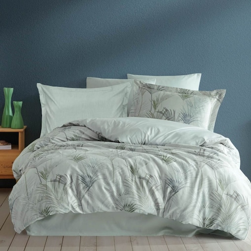 Pościel satyna bawełniana 220x200 Luxury Premium Palmiro zielona w dekoracyjne liście
