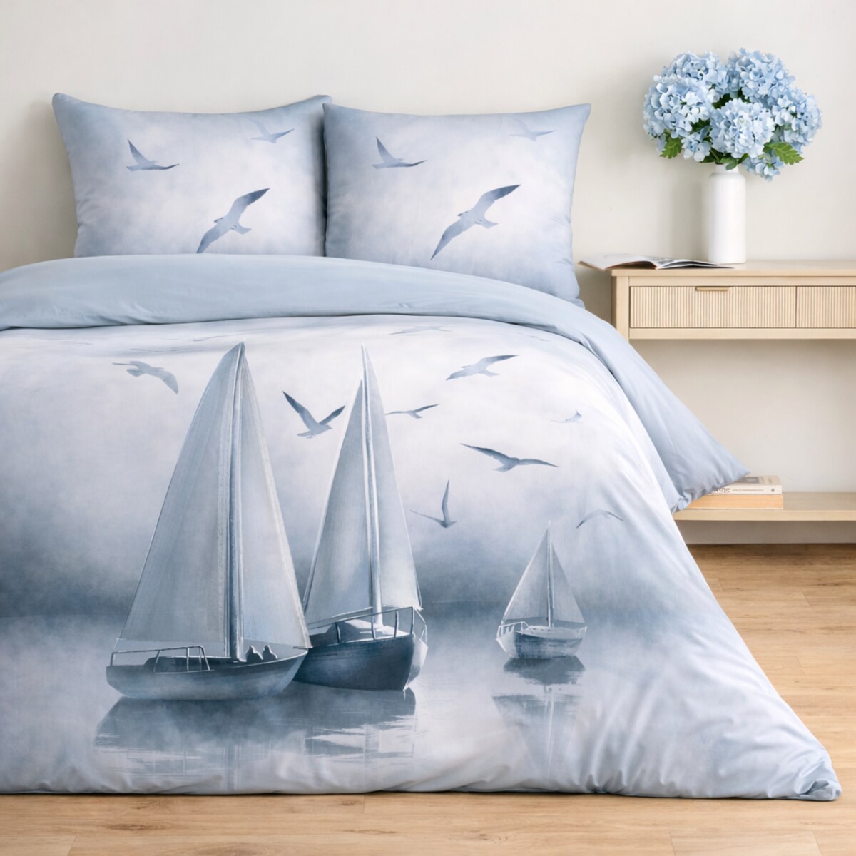 Pościel z bawełny satynowej Boatsi 160x200 cm z motywem morskim