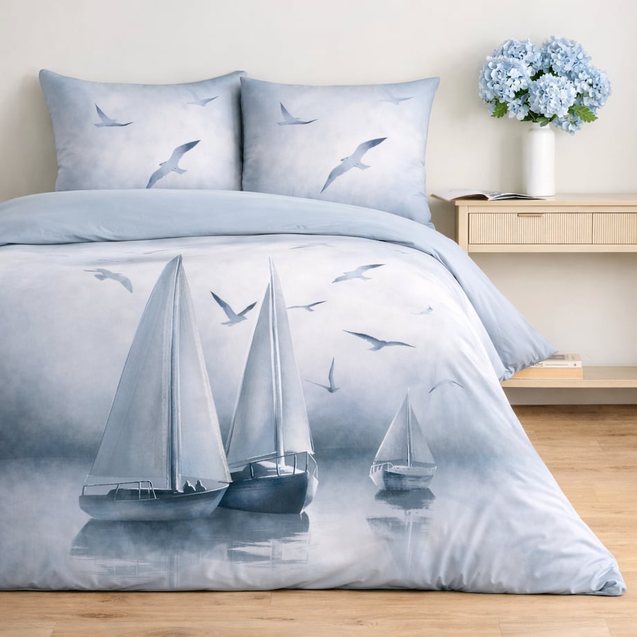 Pościel z bawełny satynowej Boatsi 160x200 cm z motywem morskim