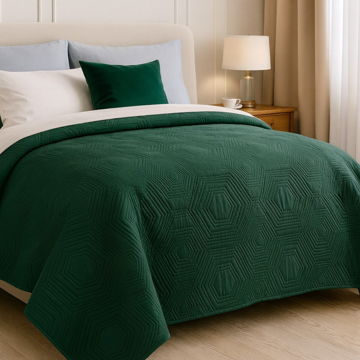 Narzuta pikowana dwustronna Tara 170x210 ciemna zieleń-jasny róż, ozdobne heksagony