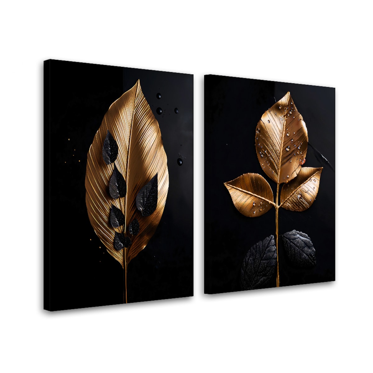 Feeby Zestaw 2 obrazów do salonu sypialni łazienki spa biura Złote Liście Glamour Czarny 120x90 (2x60x90)