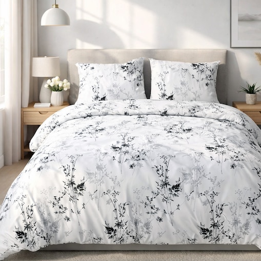 Pościel satyna bawełniana Noira biała z czarnym i szarym botanicznym wzorem, Satynlove