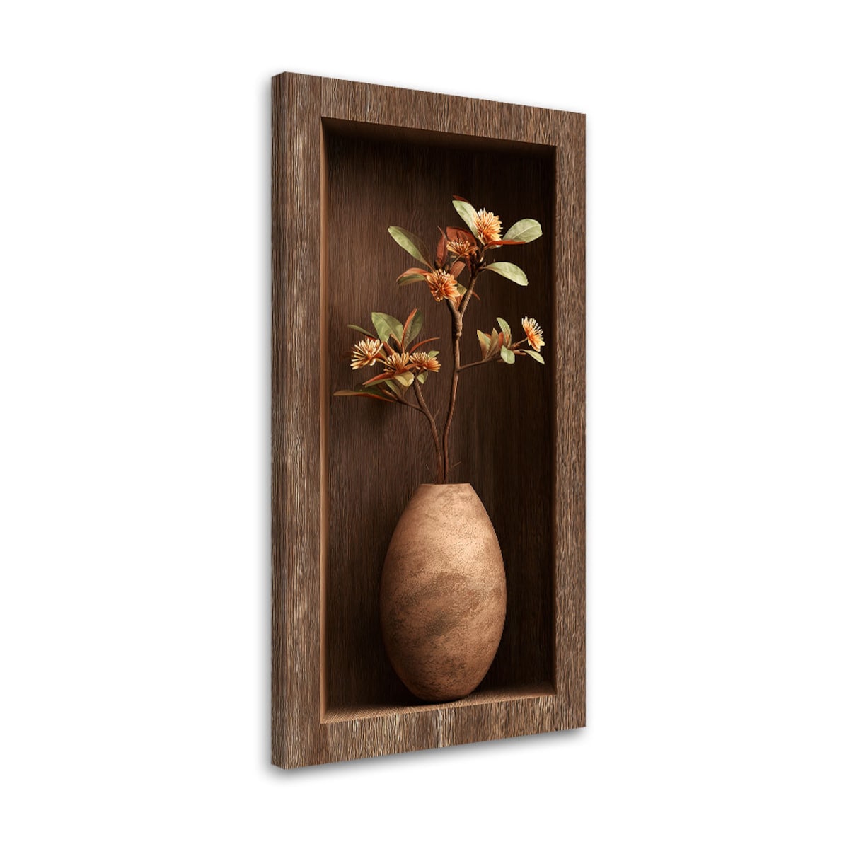 Obraz do salonu sypialni, Kwiaty w wazonie w drewnianej wnęce 3d 60x120