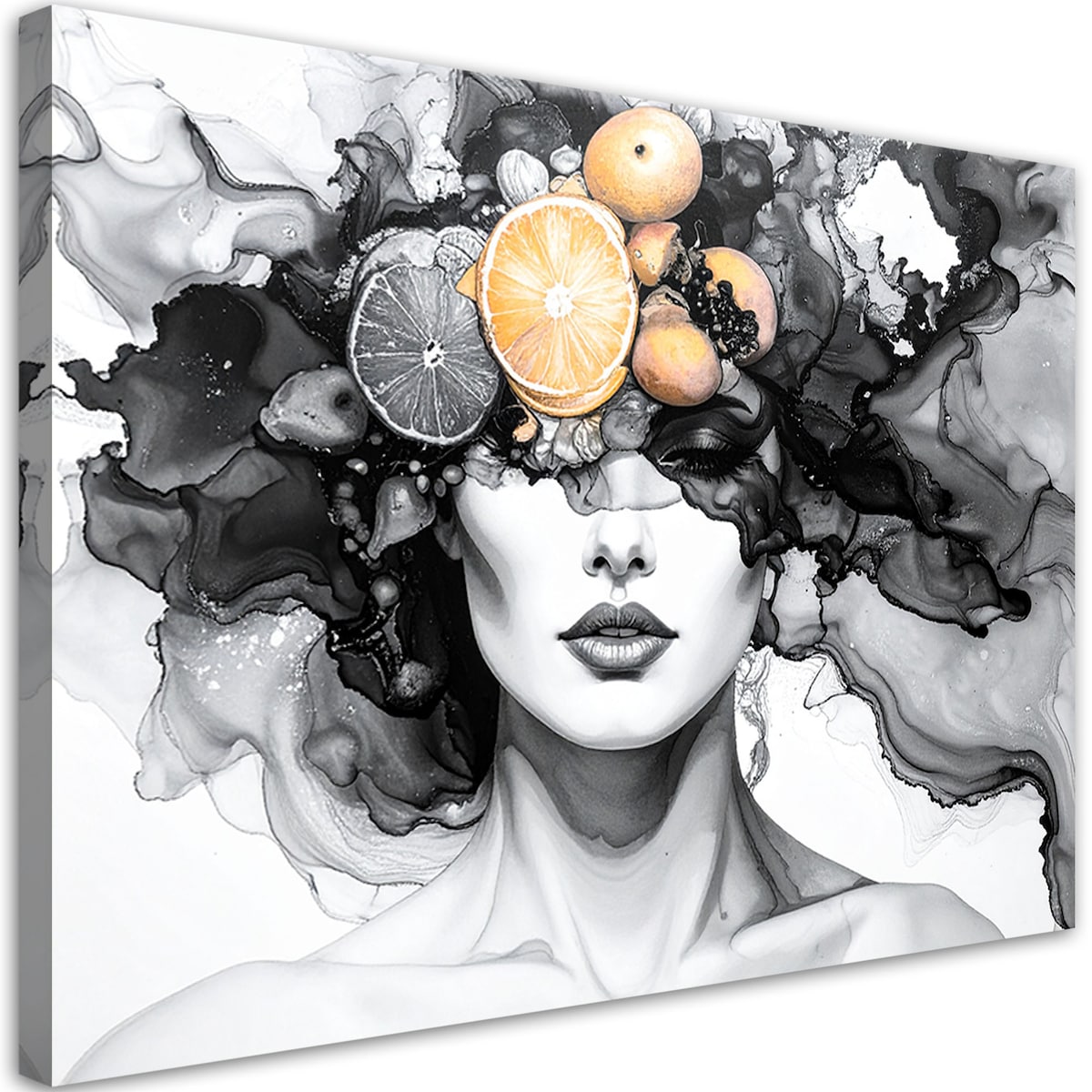 Obraz czarno biały do salonu kuchni, Kobieta z owocami na głowie 100x70