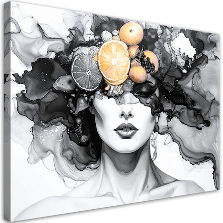 Obraz czarno biały do salonu kuchni, Kobieta z owocami na głowie 100x70